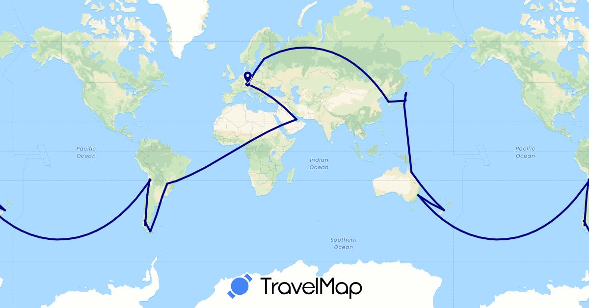 TravelMap itinerary: driving in Argentina, Australia, Brazil, Chile, Germany, Finland, Japan, South Korea, New Zealand, Qatar (Asia, Europe, Oceania, South America)